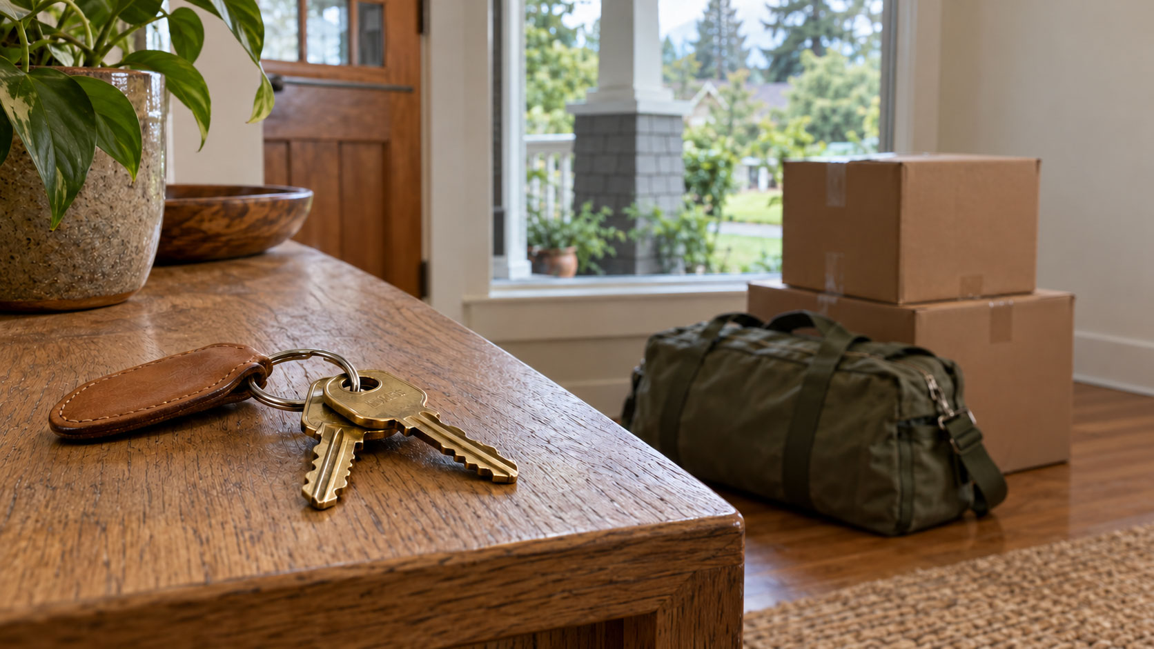 Brass house keys with a leather fob on a wooden console, with an olive-green duffel bag and moving boxes nearby.