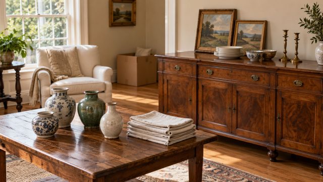 Ceramic vases and folded linens on a wooden table beside a sideboard displaying plates, candlesticks and framed artwork.