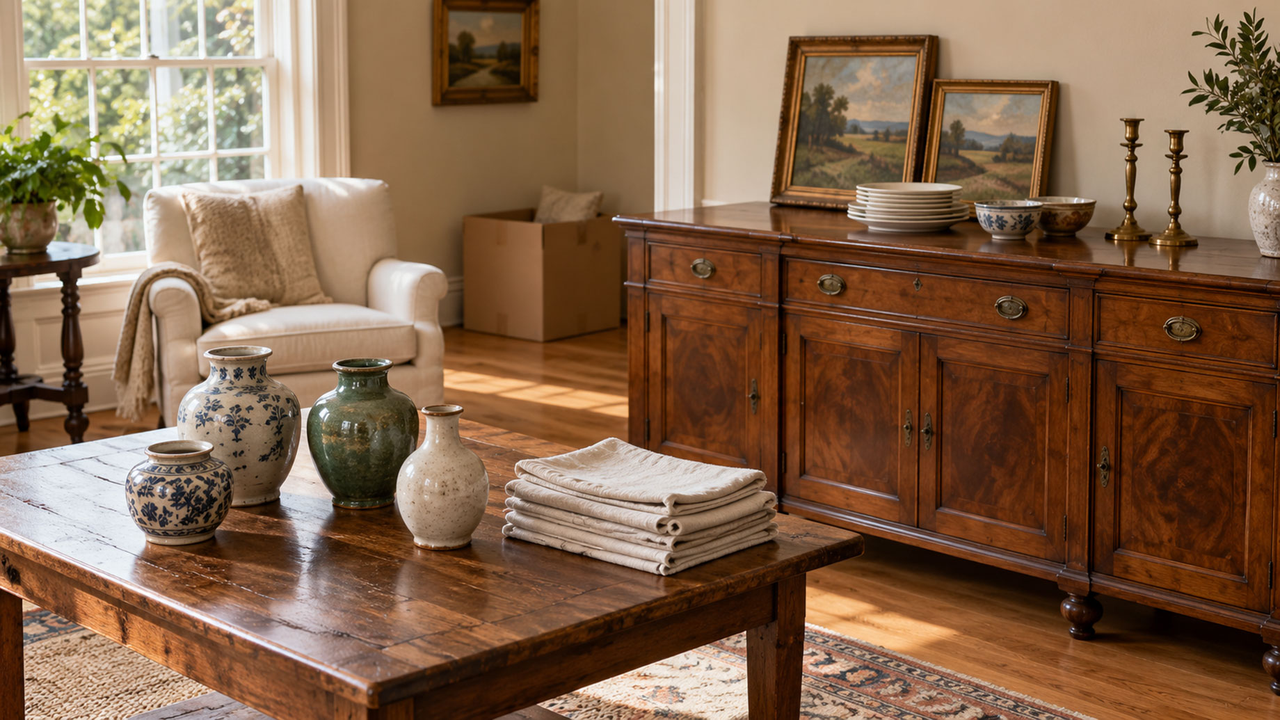 Ceramic vases and folded linens on a wooden table beside a sideboard displaying plates, candlesticks and framed artwork.