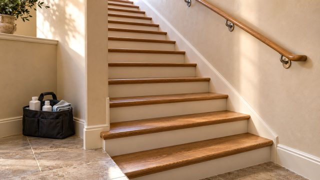 Cleaning caddy holding bottles and folded cloths beside oak stairs and a wall-mounted handrail in a luxury home.