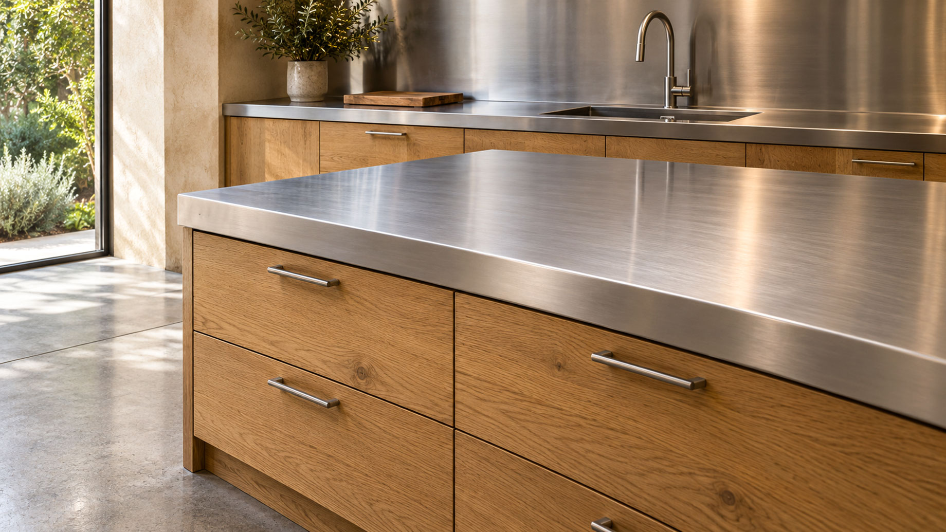 Stainless steel worktop above oak drawers, with a matching backsplash, rear sink, and polished concrete floor.