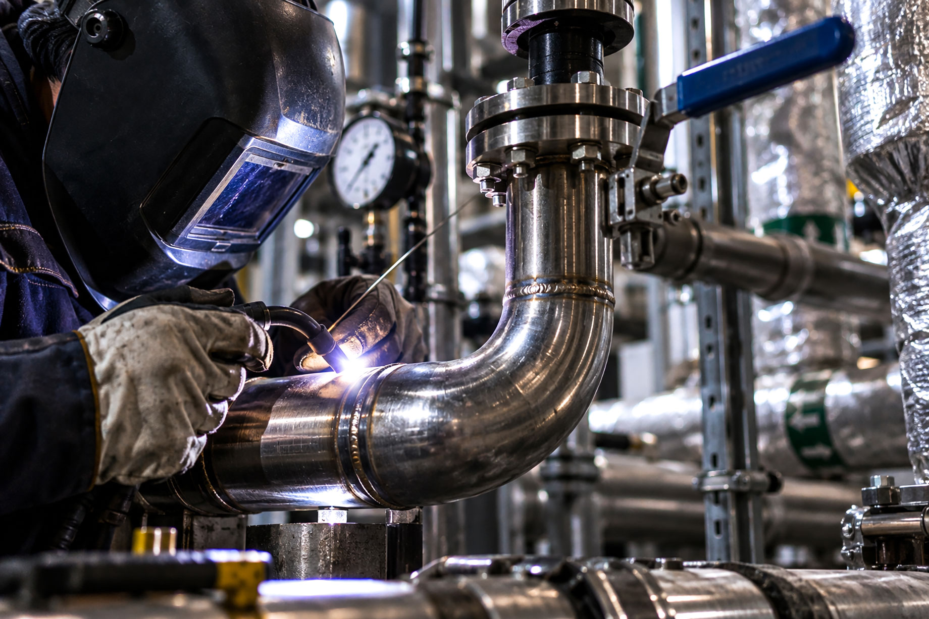 Mechanical contractor wearing a welding helmet and protective gloves welding a stainless steel pipe elbow surrounded by valves, flanges, and industrial equipment.