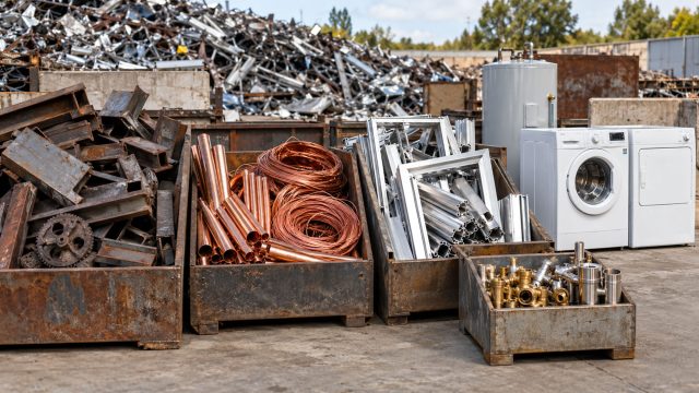 Bins of steel, copper wire and pipes, aluminum frames, and metal fittings beside appliances at a scrap recycling yard.
