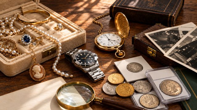 Gold jewelry, pearls, watches and collectible coins arranged with protective holders and old photographs on a wooden table.