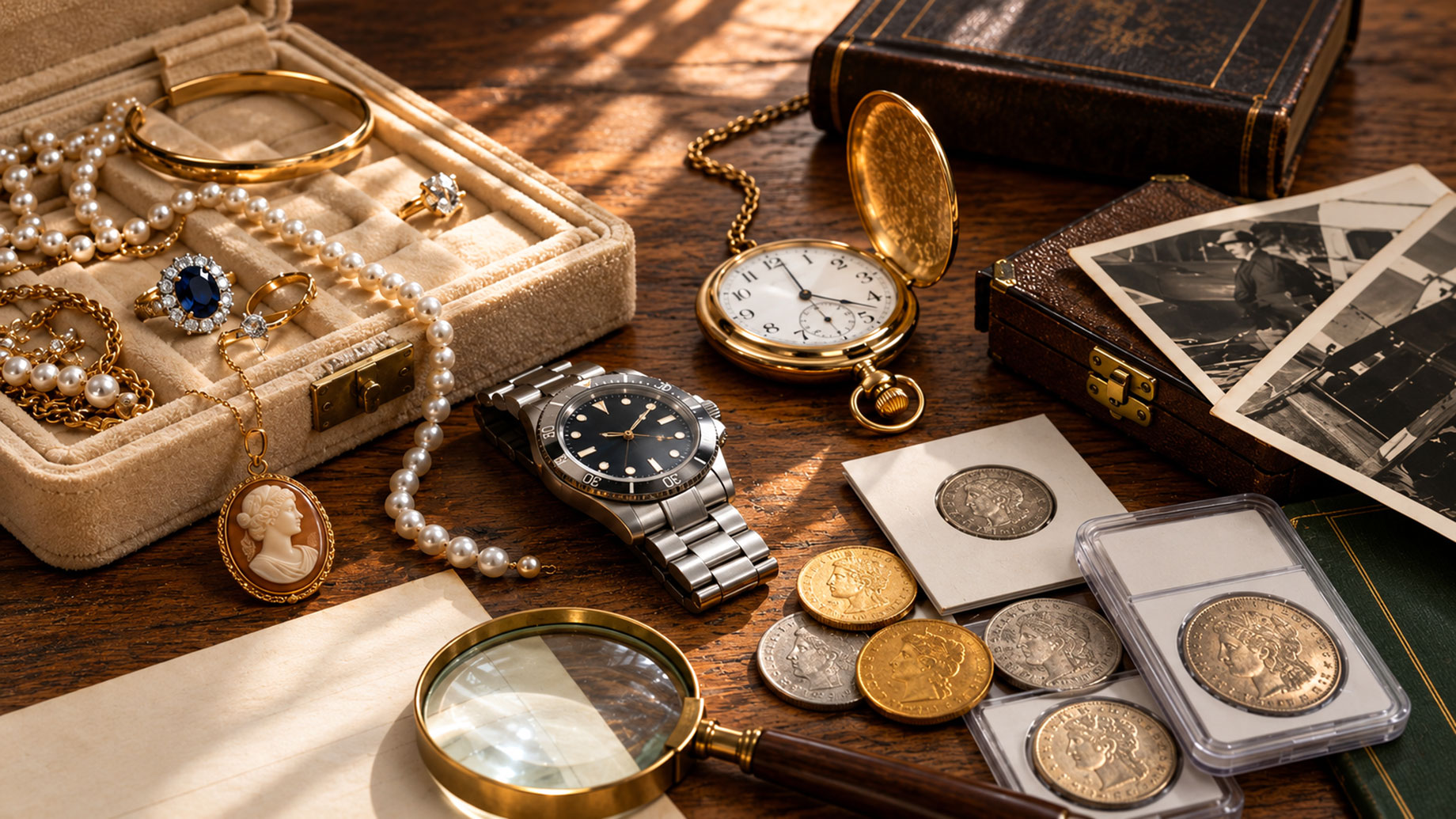 Gold jewelry, pearls, watches and collectible coins arranged with protective holders and old photographs on a wooden table.