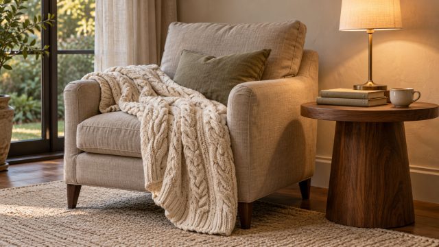 Cream cable-knit throw draped over a linen armchair beside a wooden table with books, a ceramic cup and a lit brass lamp.