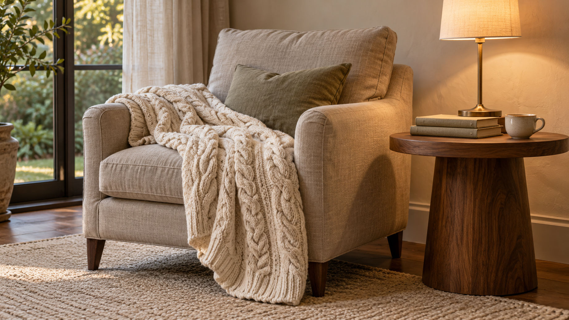 Cream cable-knit throw draped over a linen armchair beside a wooden table with books, a ceramic cup and a lit brass lamp.