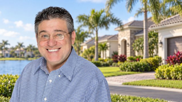 Itzhak Ezratti wearing glasses and a blue checked shirt against an illustrative Florida residential backdrop with palm trees and a lake.