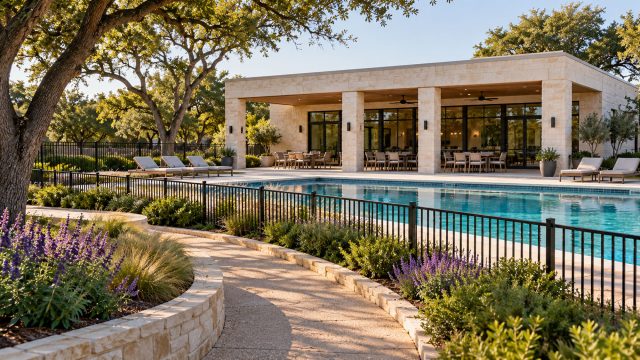 Landscaped walking path beside a fenced community pool and a limestone clubhouse with a flat roof and shaded seating.