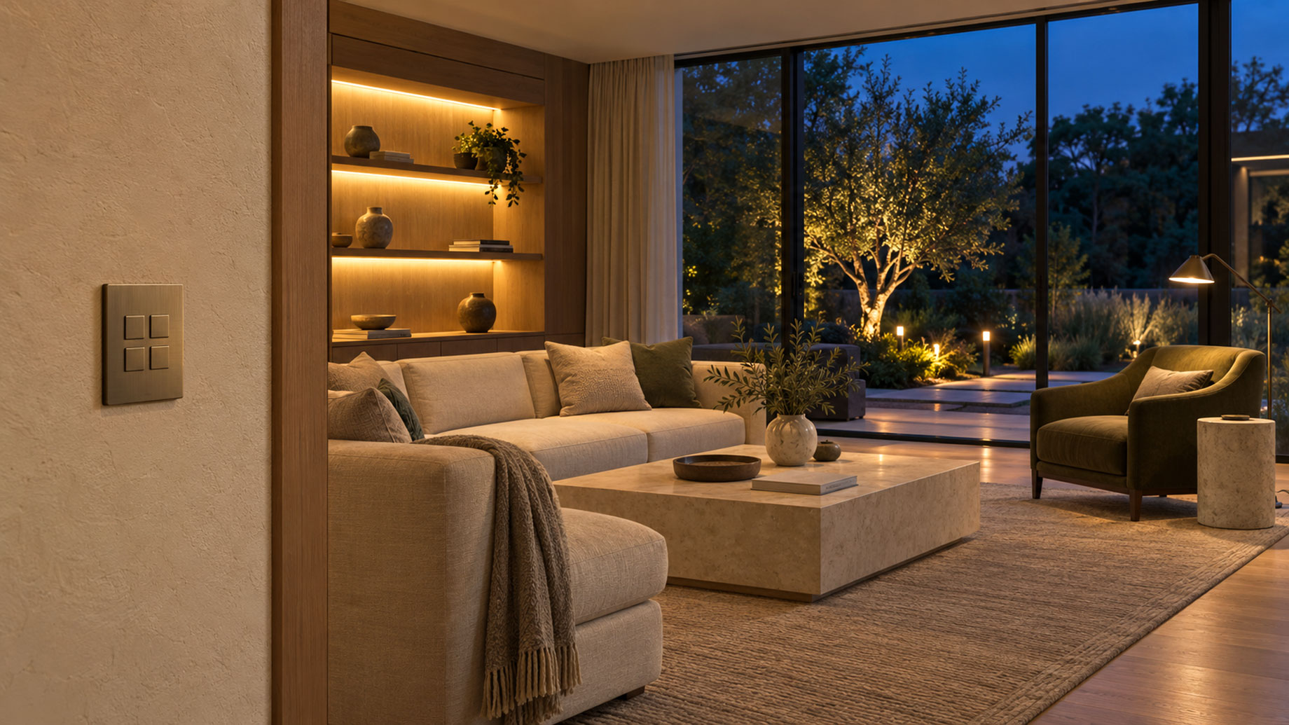 Luxury living room with a bronze wall keypad, illuminated oak shelving, a reading lamp and garden lighting beyond the glass.
