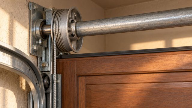 Steel lift cable wrapped around a grooved drum on a horizontal shaft above a custom wood garage door.
