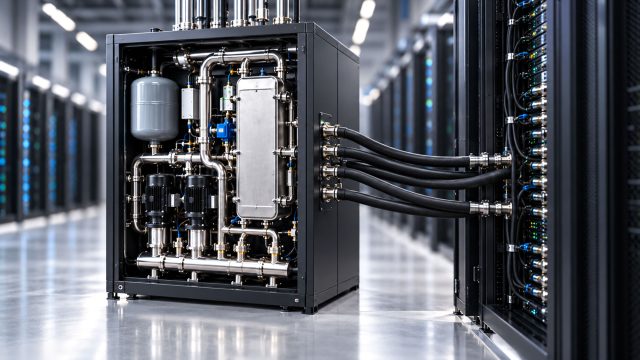 Open coolant distribution unit with stainless steel piping and black hoses connected to a server rack in a data center.