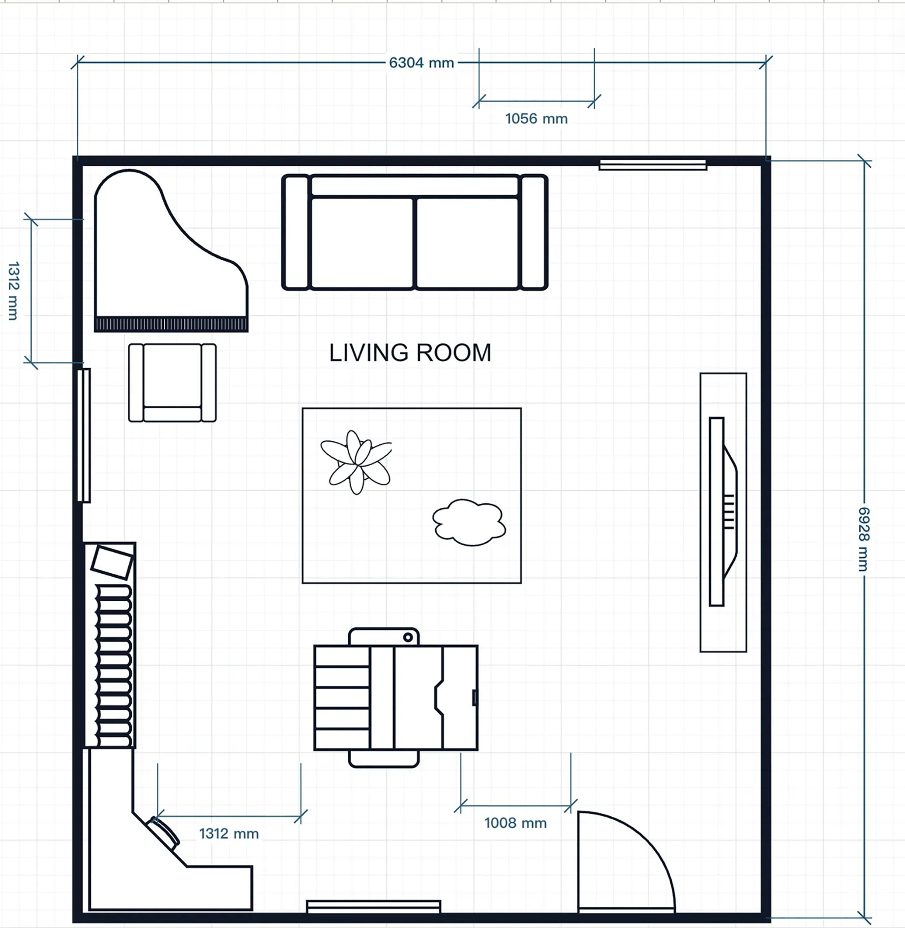 Living room floor plan with thick black walls, 6304 mm and 1056 mm dimension annotations, windows, furniture and a door swing.