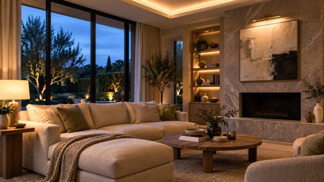 Living room at dusk with warm cove lighting, a table lamp and picture light contrasting with blue light through tall windows.
