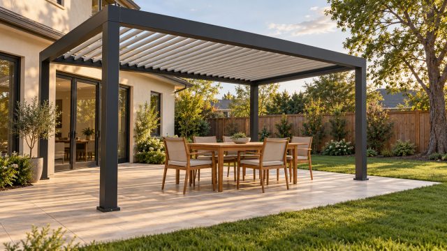 Charcoal patio cover with angled louvers shelters a teak dining set beside a lawn and landscaped garden.