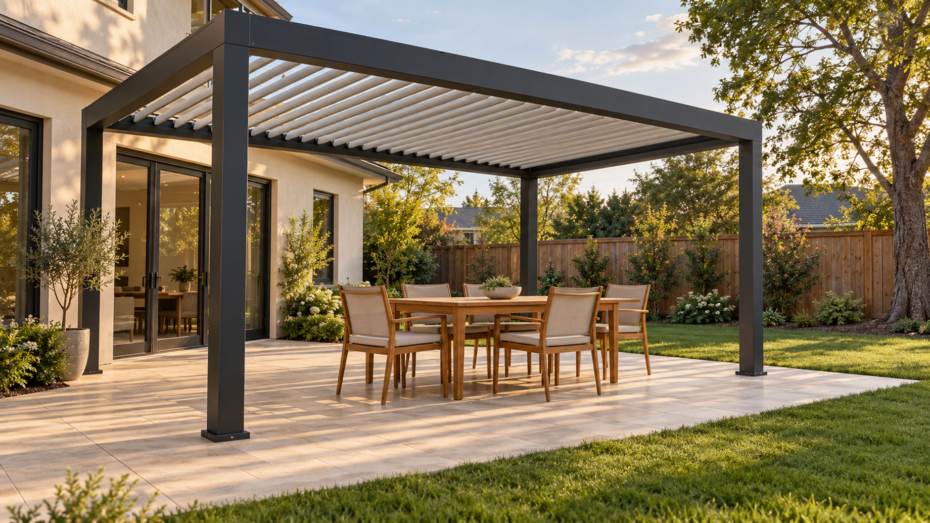 Charcoal patio cover with angled louvers shelters a teak dining set beside a lawn and landscaped garden.