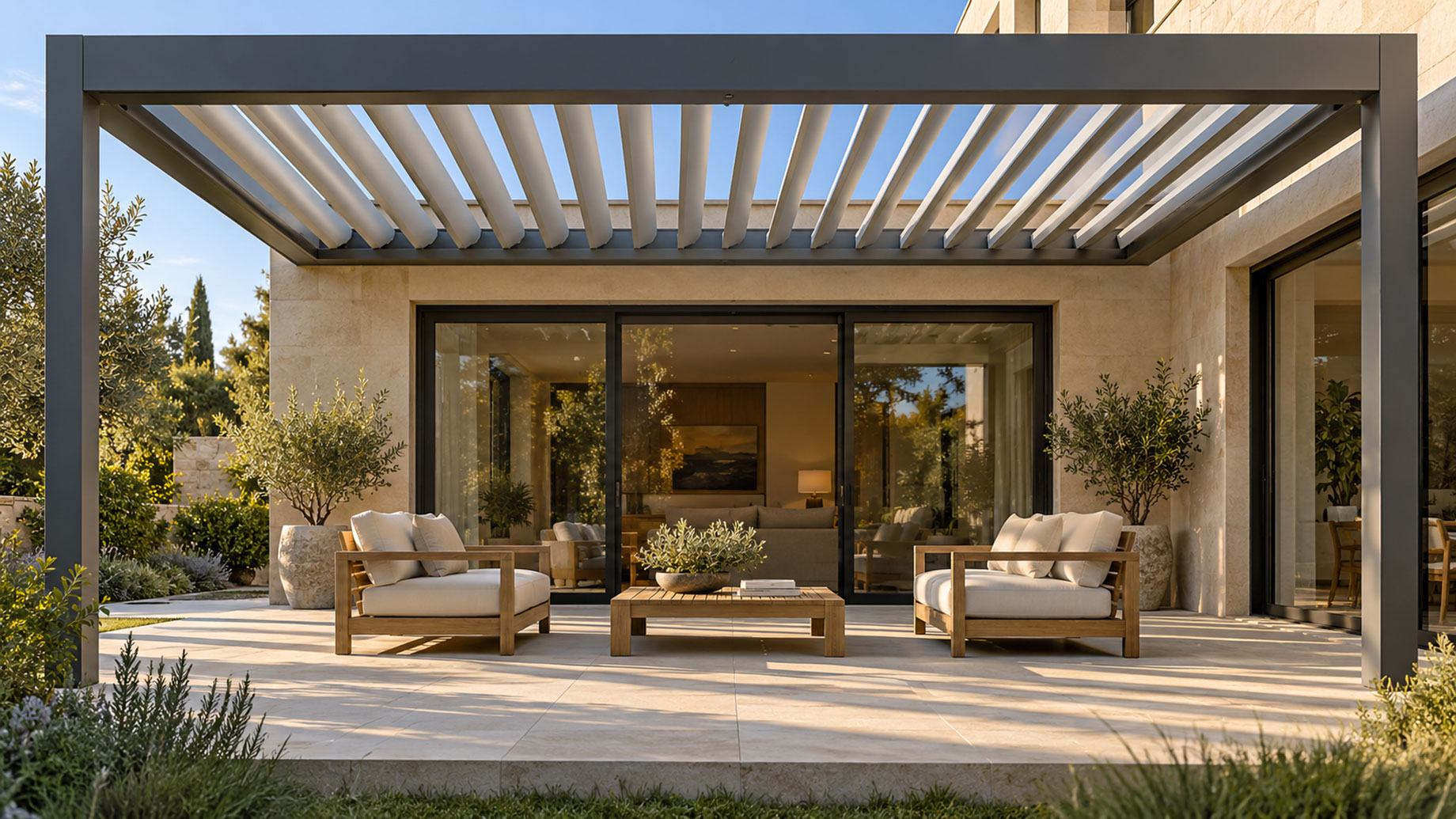 Dark-framed louvered pergola over a stone terrace with two cream lounge chairs, a wood table and sliding glass doors.