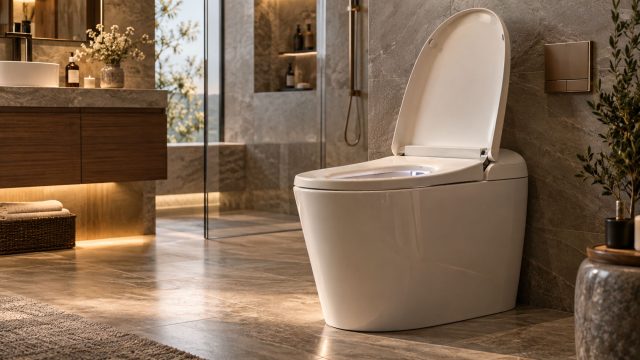 White smart toilet with an open lid in a luxurious modern bathroom featuring natural stone tiles, a floating wood vanity, and warm ambient lighting.