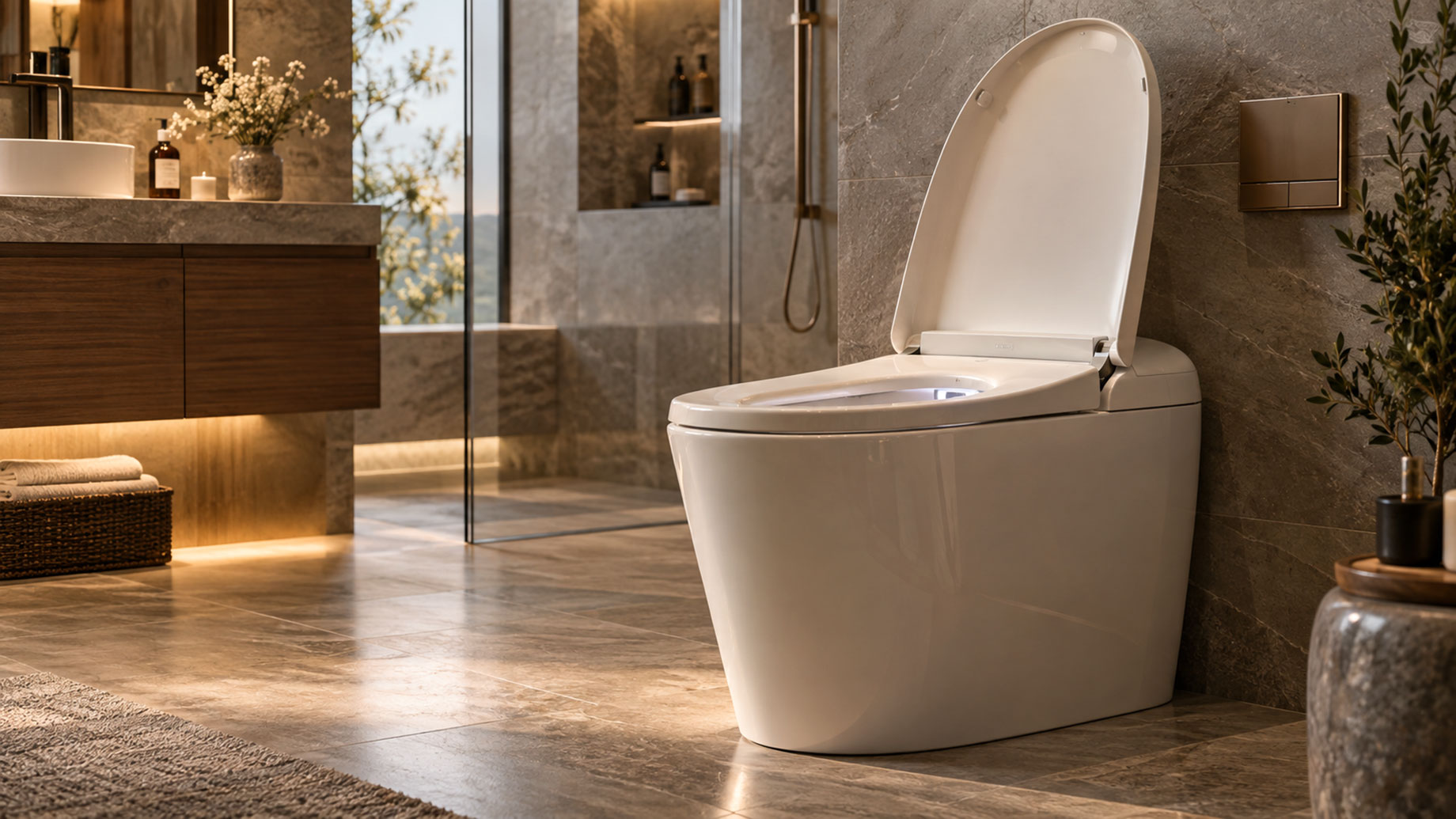 White smart toilet with an open lid in a luxurious modern bathroom featuring natural stone tiles, a floating wood vanity, and warm ambient lighting.