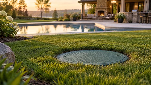Septic tank access cover embedded in a landscaped lawn near a luxury backyard swimming pool and outdoor living area.