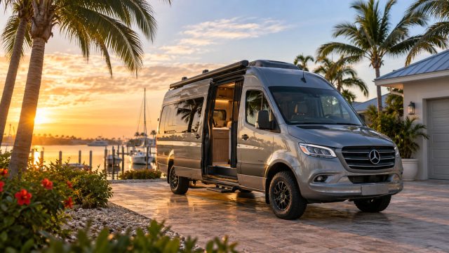 Silver luxury camper van with an open sliding door parked beside a Florida marina, surrounded by palm trees and boats at sunset.