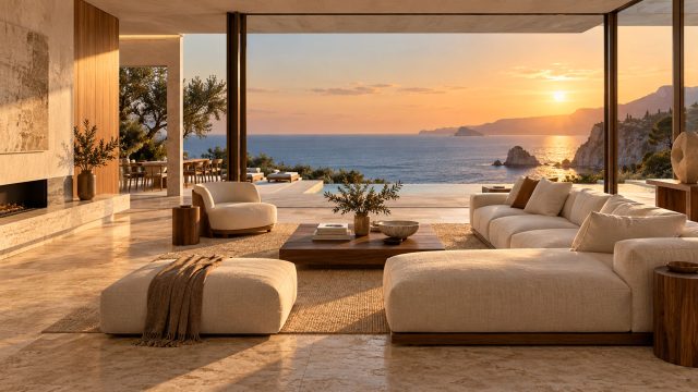 Cream sofas and a wood coffee table in a coastal living room opening onto a terrace with sea and sunset views.