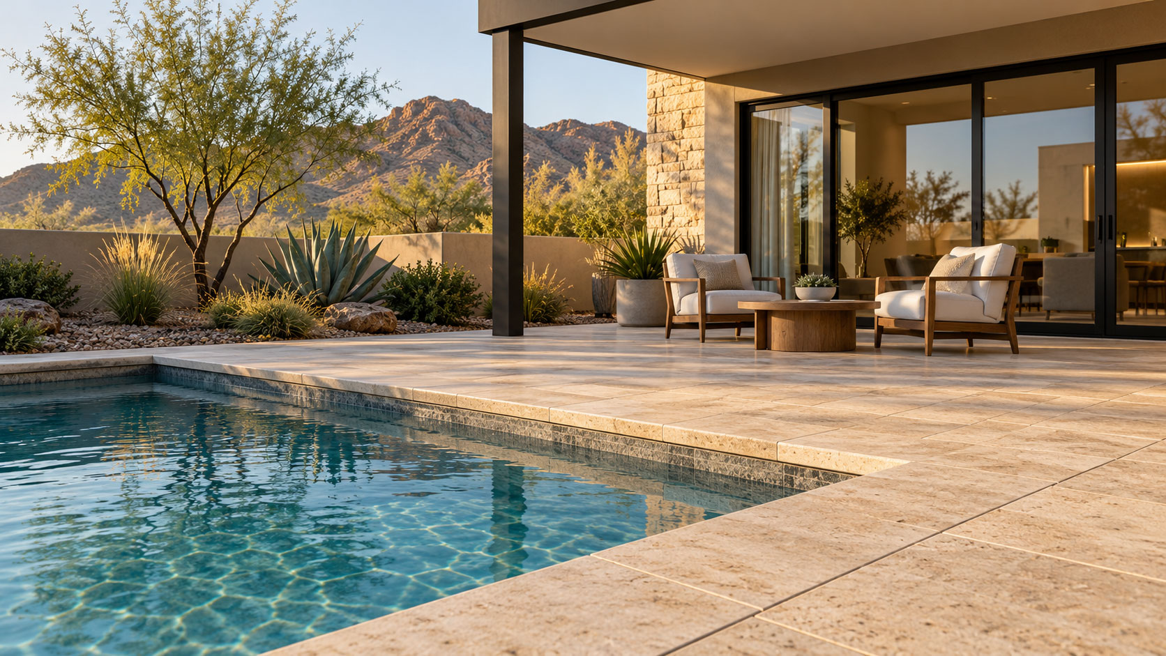 Travertine pool terrace with shaded seating, sliding glass doors, agave plants and desert mountains in warm afternoon light.