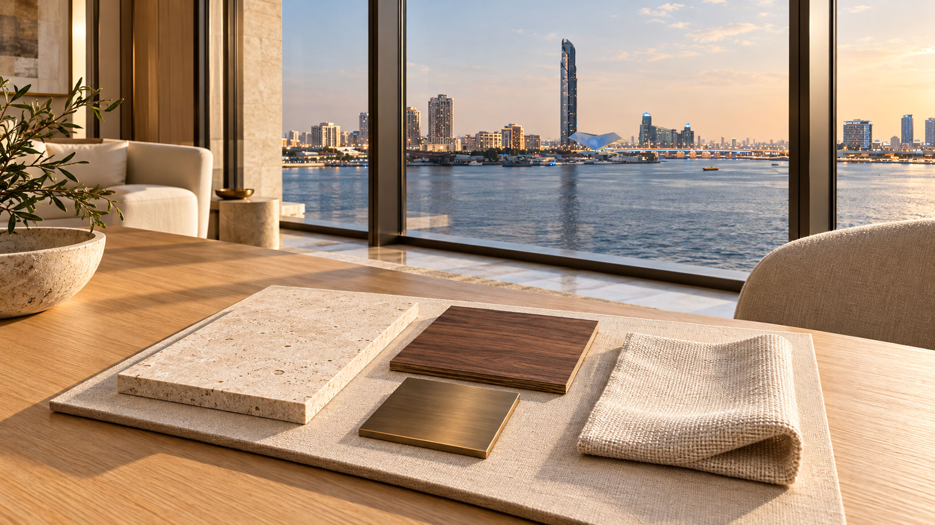 Limestone, walnut, bronze and linen samples on an oak table beside floor-to-ceiling windows overlooking Dubai Creek.