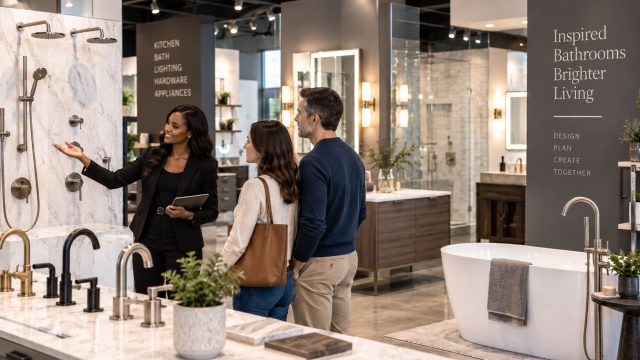 Showroom consultant presenting shower fixtures to a couple, with faucets, vanities, and a freestanding bathtub on display.