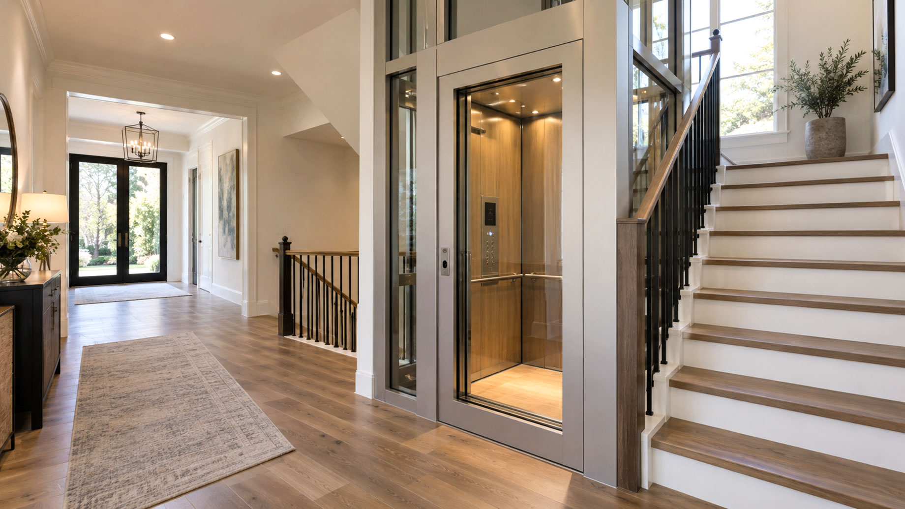 Glass home elevator with a wood-paneled cabin beside a staircase with wooden treads and black railings in a bright foyer.