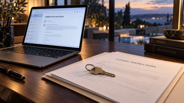 House key on closing documents beside a laptop displaying an email about updated wire instructions in a warmly lit study at dusk.