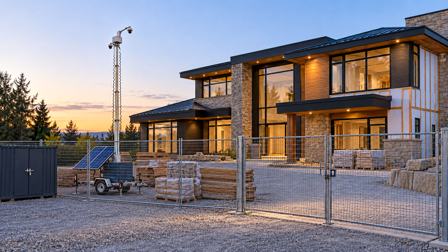 Solar surveillance tower inside a fenced luxury home construction site, with a closed gate and stacked building materials at dusk.