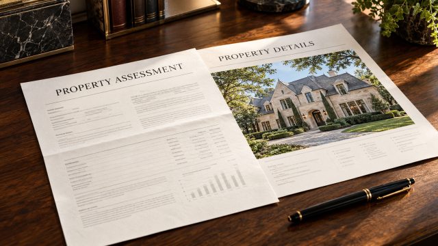 Property assessment notice beside a luxury home listing and a black-and-gold pen on a walnut desk.