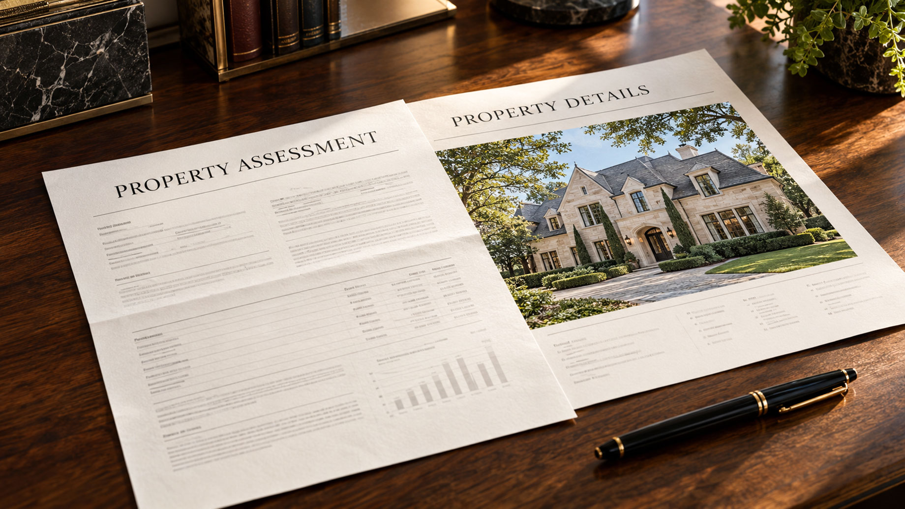 Property assessment notice beside a luxury home listing and a black-and-gold pen on a walnut desk.