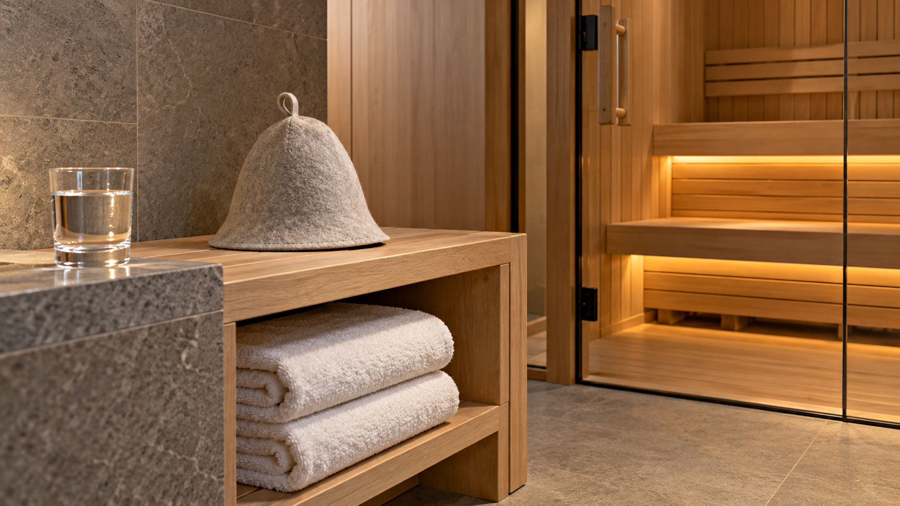 Wool sauna hat, folded white towels and a glass of water outside a warmly lit timber sauna with a glass door.