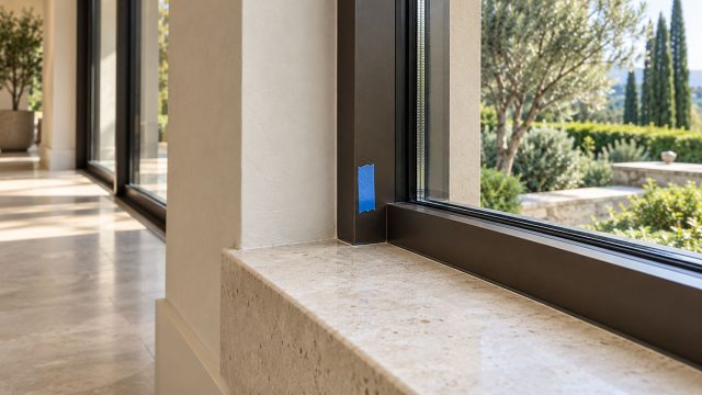 Blue painter's tape marks a bronze window frame beside a pale stone sill and plaster wall, with garden views beyond.
