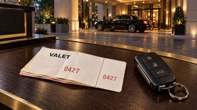 Numbered valet claim ticket and black car key fob on a wooden counter, with a parked sedan outside a warmly lit luxury hotel entrance.