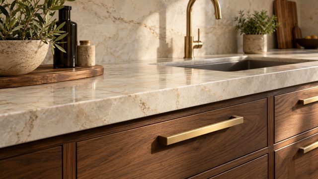 Walnut kitchen cabinets with brass handles beneath an ivory quartzite countertop, with an undermount sink and brass faucet in warm sunlight.