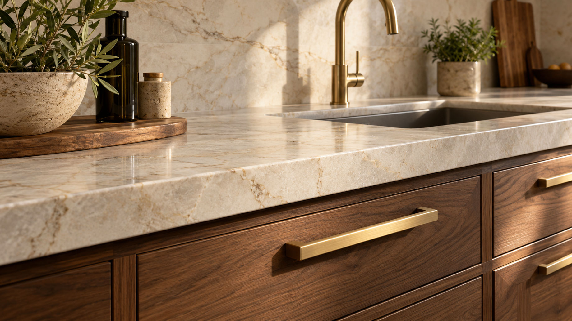 Walnut kitchen cabinets with brass handles beneath an ivory quartzite countertop, with an undermount sink and brass faucet in warm sunlight.