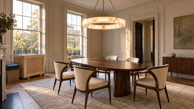 Walnut dining table and cream upholstered chairs beneath an alabaster ring chandelier, with a wooden transport crate and moving blankets beside tall windows.