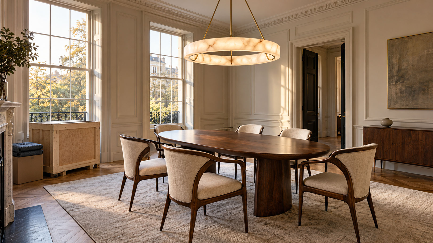 Walnut dining table and cream upholstered chairs beneath an alabaster ring chandelier, with a wooden transport crate and moving blankets beside tall windows.