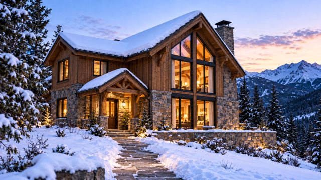 Cedar and stone chalet with warmly lit windows and a cleared snowy path, surrounded by evergreens and mountains at dusk.