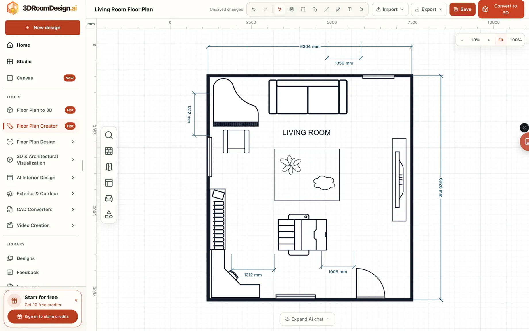 3DRoomDesign editor showing a living room plan with millimetre dimensions, thick walls, windows, furniture and an inward-swinging door.