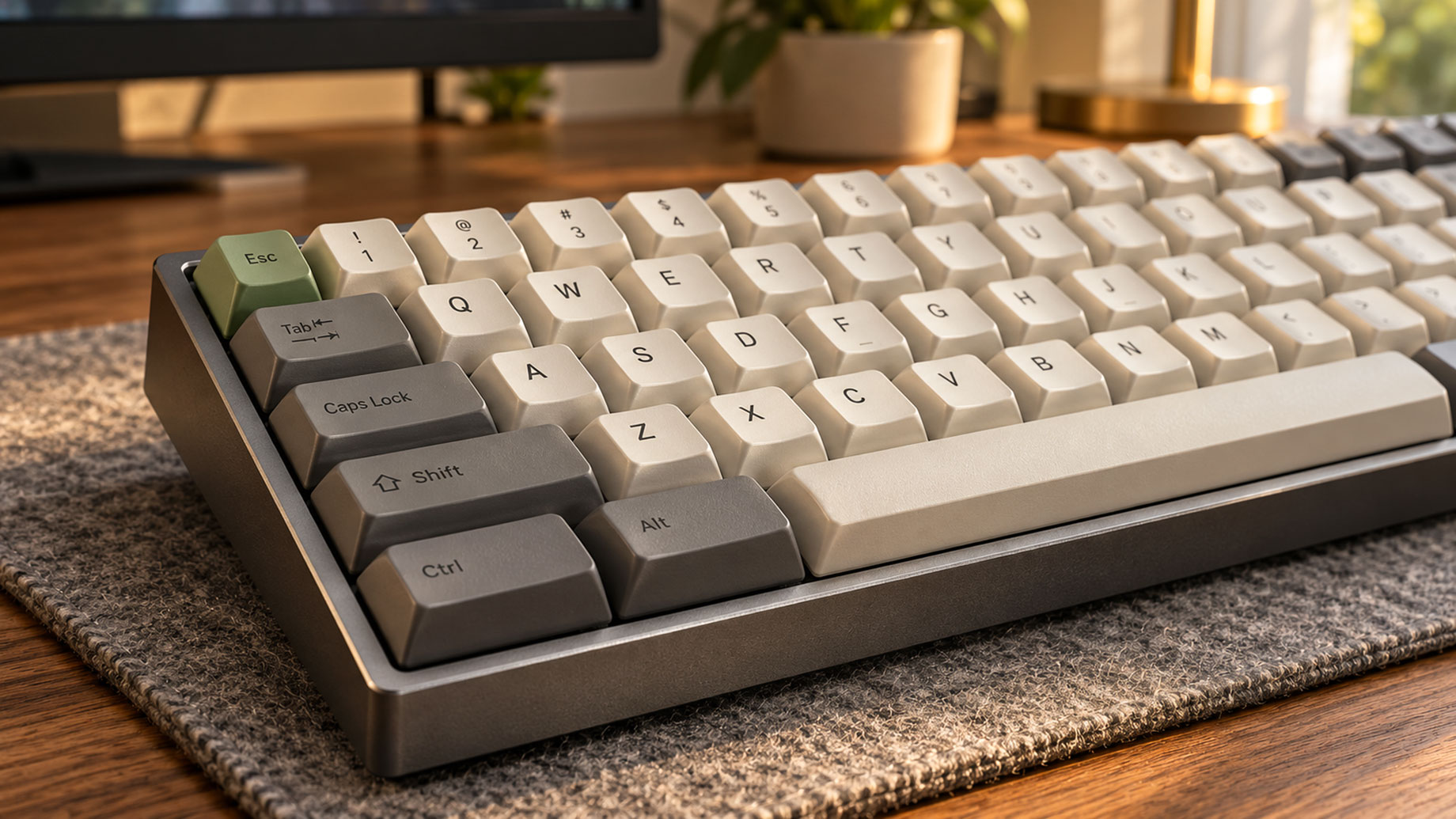 Close-up of a mechanical keyboard with ivory keycaps, gray modifiers and a sage-green Escape key on a felt mat and walnut desk.