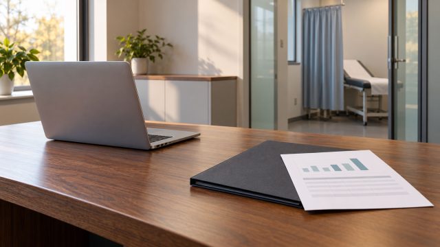 Laptop, folder and chart sheet on a wooden desk, with an examination couch and privacy curtain visible through a glass doorway.