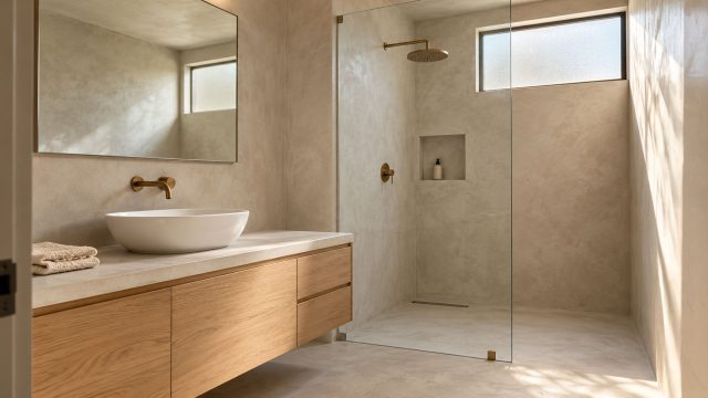 Beige microcement bathroom with a floating oak vanity, white vessel basin, bronze-toned fixtures and a glass walk-in shower.