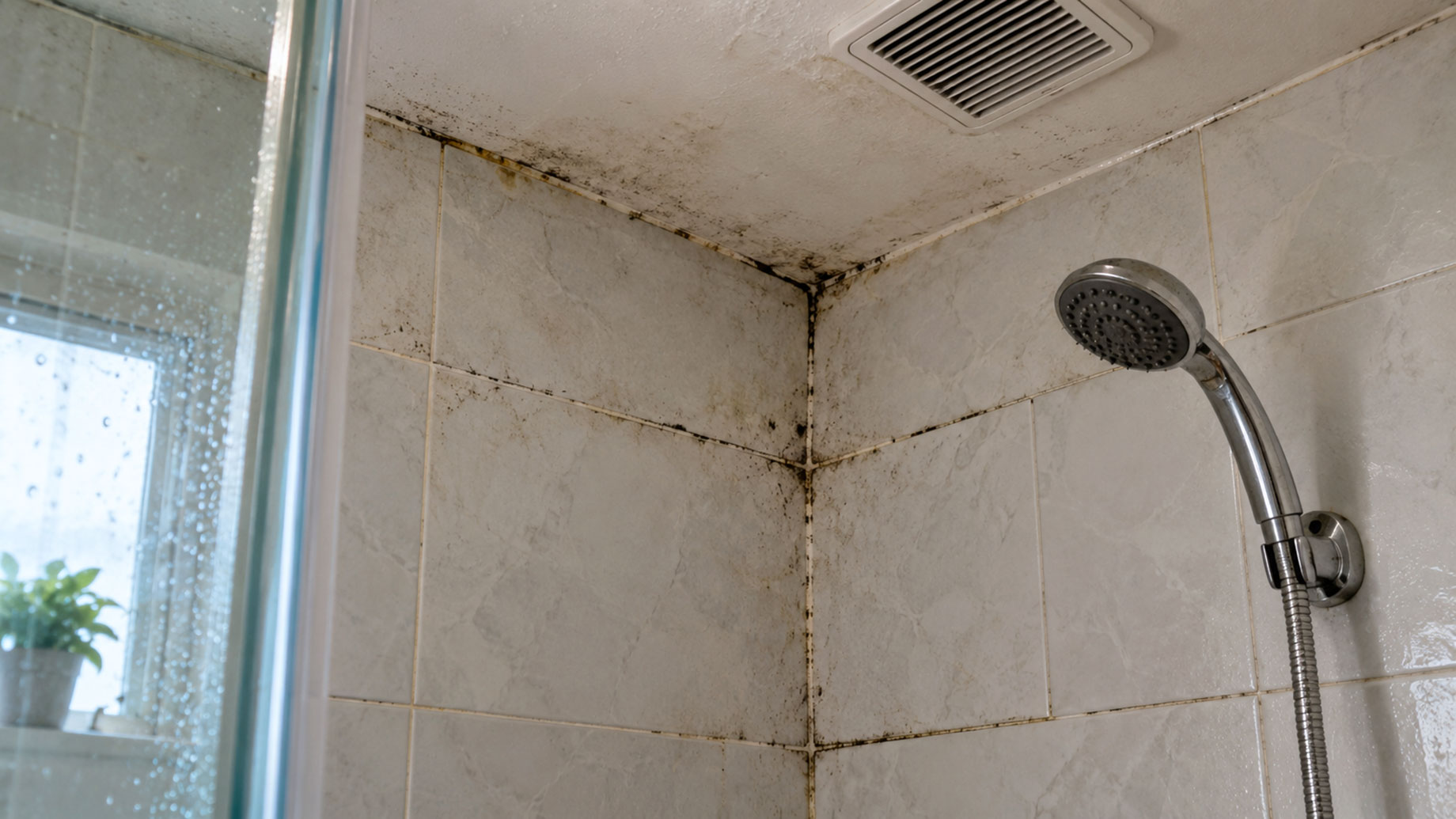 Dark mold spots along a tiled showerβs ceiling edges and grout lines, with a chrome showerhead and ceiling vent.