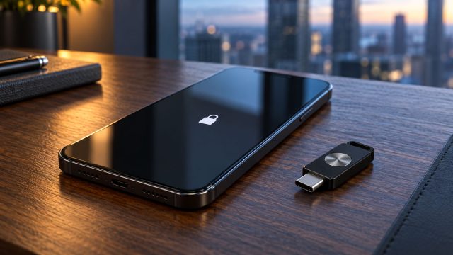 Smartphone displaying a padlock icon beside a USB-C security key on a wooden office desk at dusk.