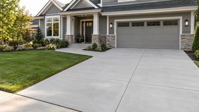 Concrete driveway with straight control joints leading to a double garage, beside a lawn and walkway to the front steps.