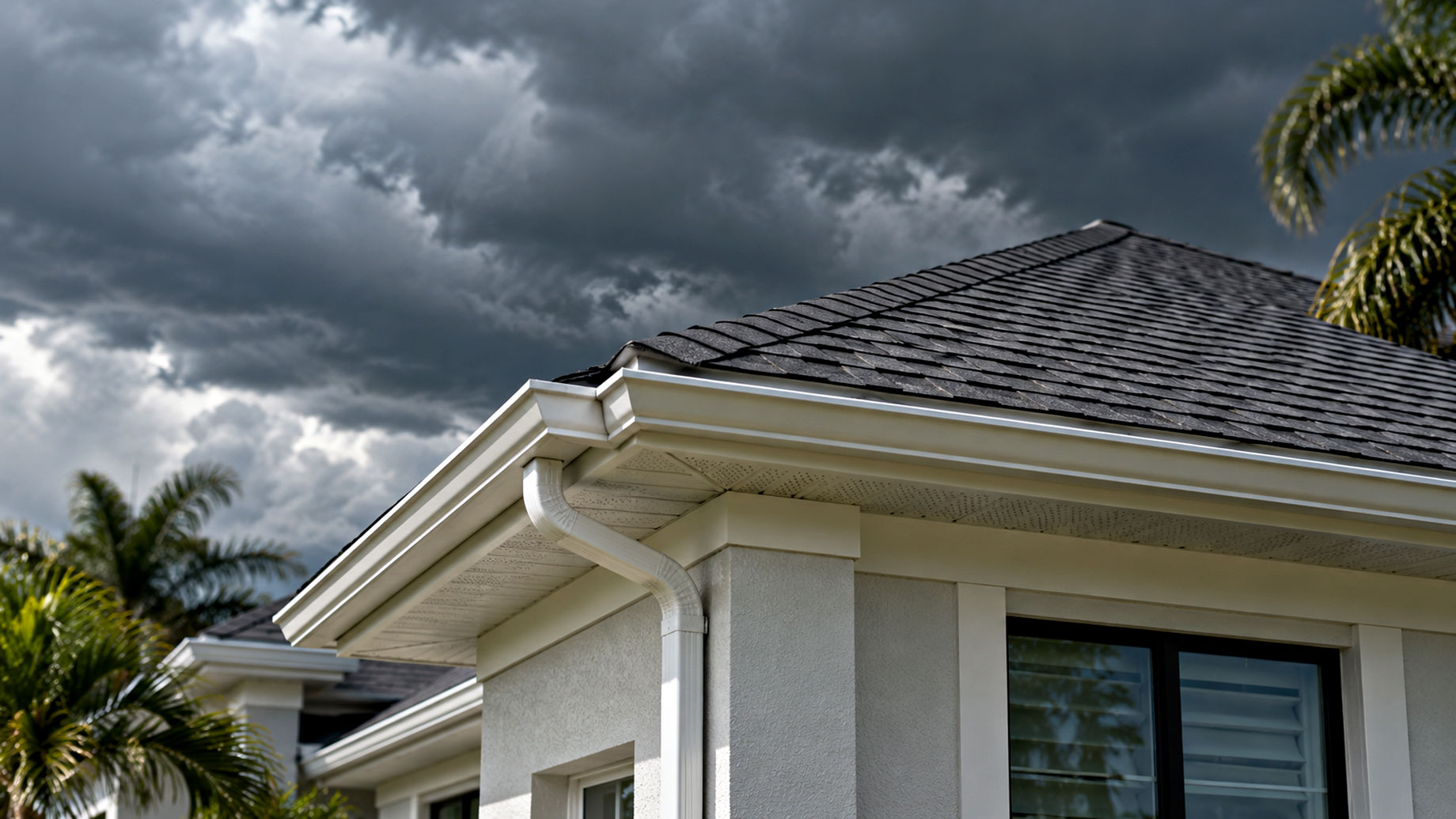Dark shingle roof with white gutters, a downspout, and vented soffits on a stucco home beneath storm clouds and palm fronds.